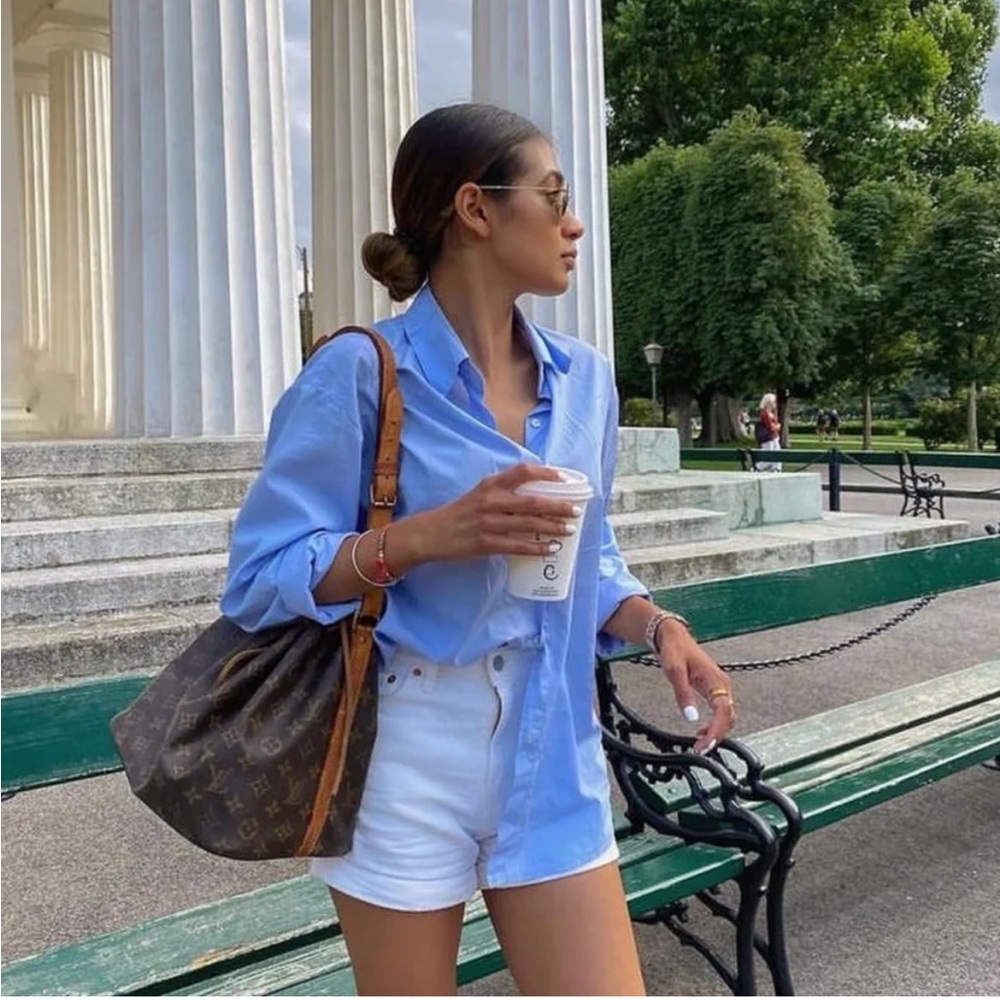 Aritzia Babaton blue linen oversized button down top